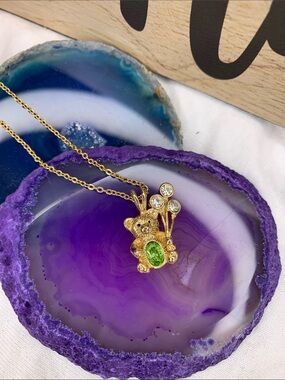 Gold Teddy Bear Pendant Necklace with Green Gem and Crystals - Women Jewelry